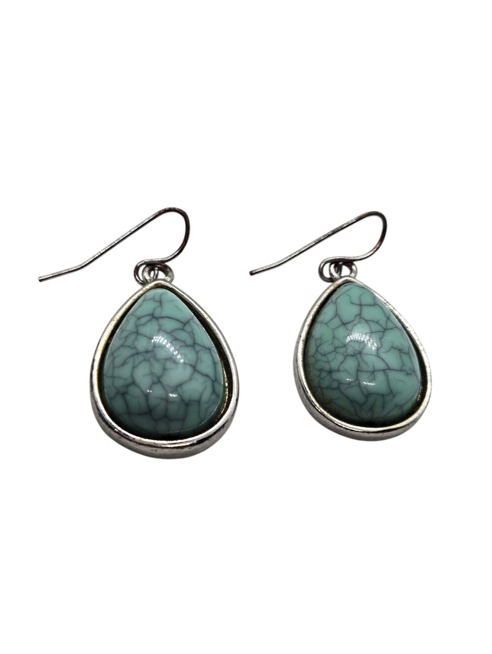 Vintage Silver Tone Teardrop Faux Turquoise Dangle Earrings Boho, VGC